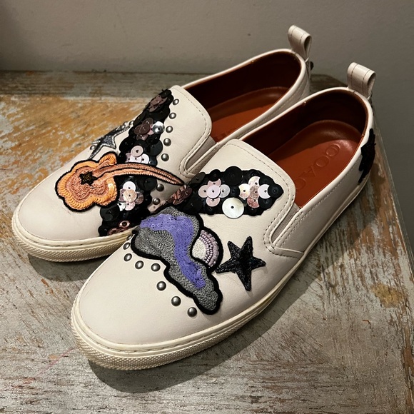Coach Shoes - Coach Women’s Sz 11 White Leather Slip On Sneakers Star Embellishment Sequin